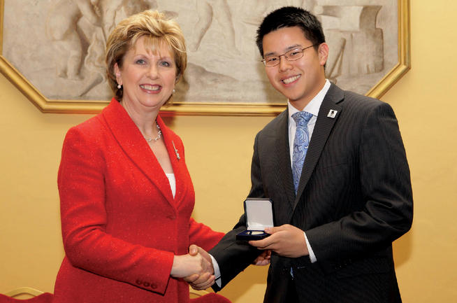 Richard Sun ’13 has received Ireland’s prestigious Undergraduate Award for academic excellence and innovation. The economics major’s paper, Triple Bottom Analysis of Sustainable Urban Development, earned him a trip to Dublin, where President of Ireland Mary McAleese presented him with the Oscar Wilde Gold Medal in the sustainability category at Dublin Castle on October 28. As a recipient in the Undergraduate Awards’ new international category, Sun was selected from students at top universities in the United States, the United Kingdom and Canada. He became interested in environmentalism when he served on the city council’s recycling advisory committee in his hometown of Summit, N.J. in 2006–09; he also is a 2011 Morris K. Udall and Stewart L. Udall Scholar for excellence in national environmental policy. PHOTO: MARC O’SULLIVAN